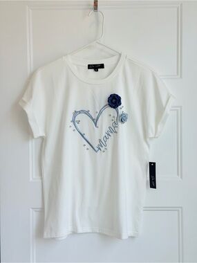 White Short Sleeve Tee with Blue Heart Embellishment